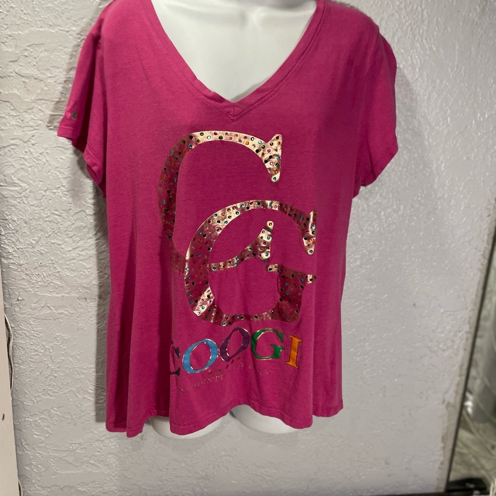 COOGI Hot Pink V-Neck Tee with Metallic Sequin Logo